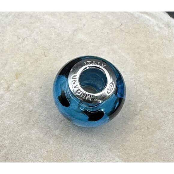 Genuine Murano Italy Charm Glass Bead Blue w/ Black Swirls Fits Pan 925 - Picture 4 of 5